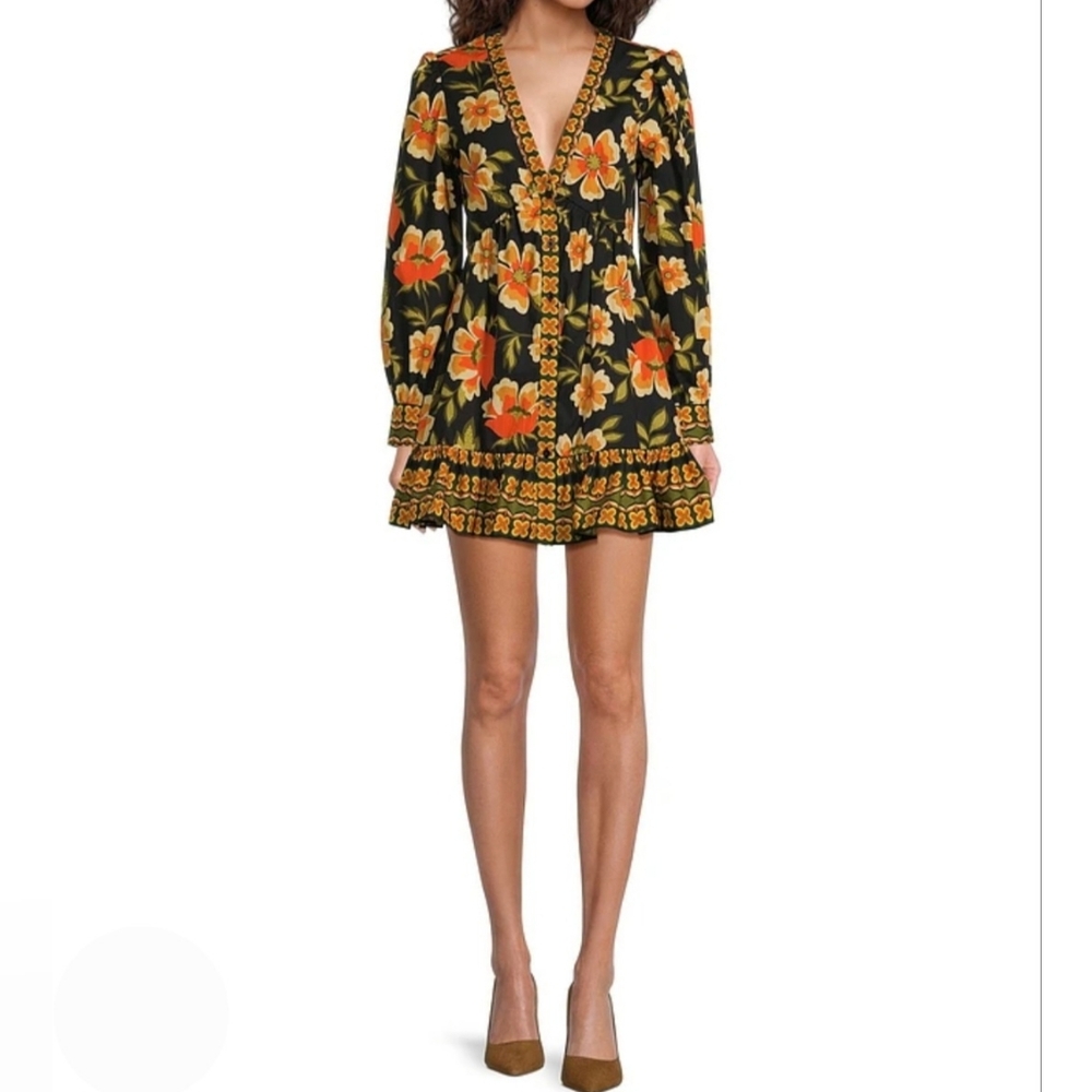 Chelsea & Violet Mini Dress S Black Floral Cotton Ella V-neck Babydoll New $170